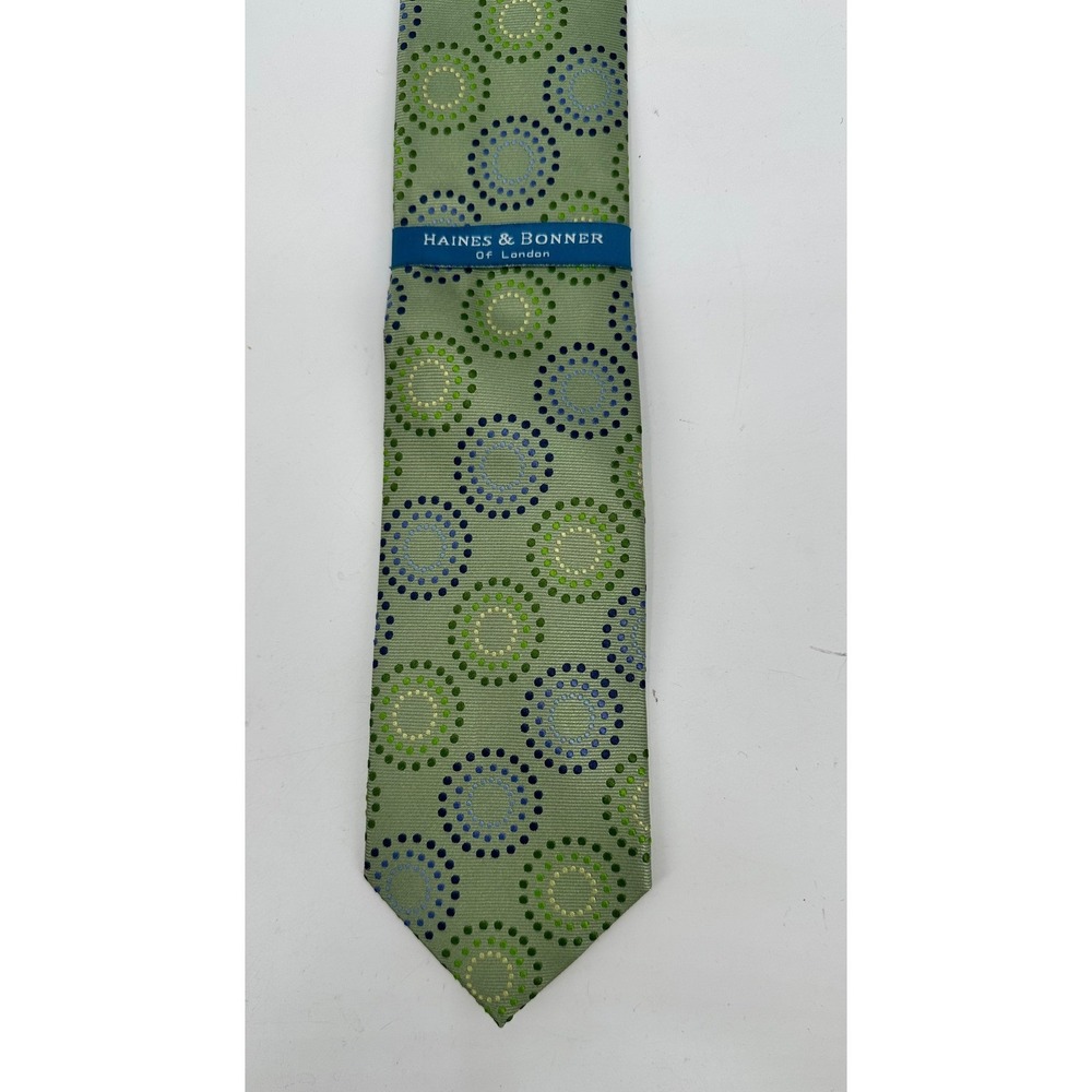 Haines & Bonner Of London Mens Hand Made Silk Blend Green Geometric Pattern Tie